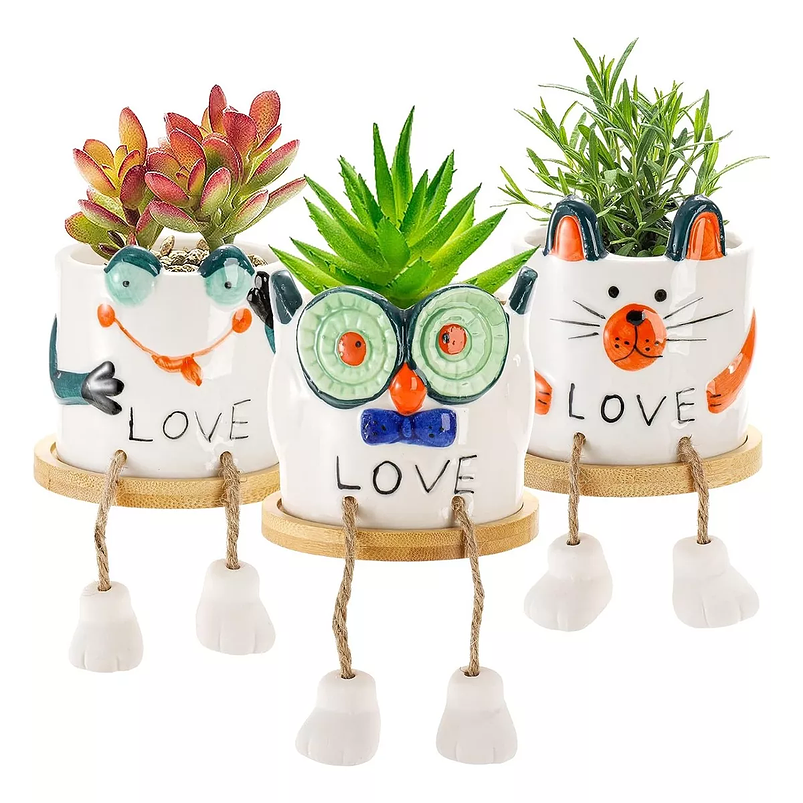 Juego de Macetas Cerámica x3 Unidades Diseño Gatos Cactus y Suculentas 1