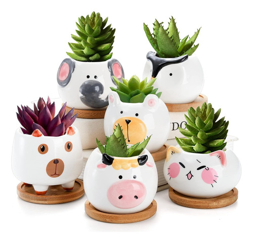 Juego De 4 Macetas De Cerámica Con Soporte De Bambú Para Suculentas Y Cactus – Patrón Mandala, Orificio De Drenaje, Ideales Para Interior Y Regalo