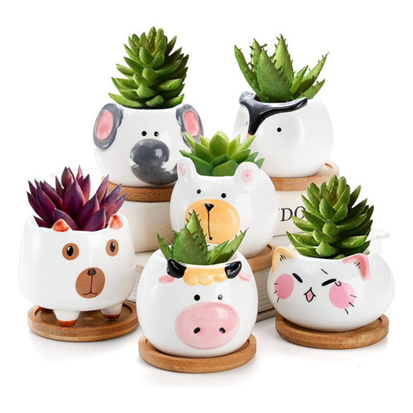 Juego Macetas Cerámica Cactus Y Suculentas X6 Pz Animalitos 1