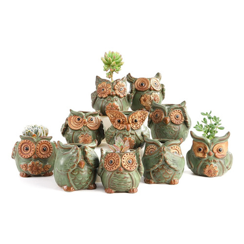 Juego Macetas Cerámica Diseño Buho x10 piezas Cactus Suculentas 1