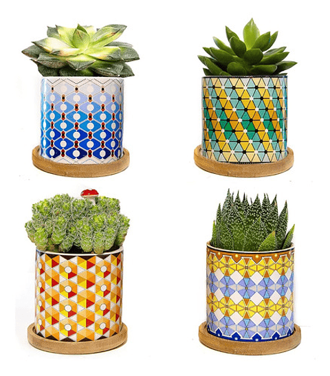 Juego Macetas Cerámica Premium Cactus Y Suculentas x4 Piezas