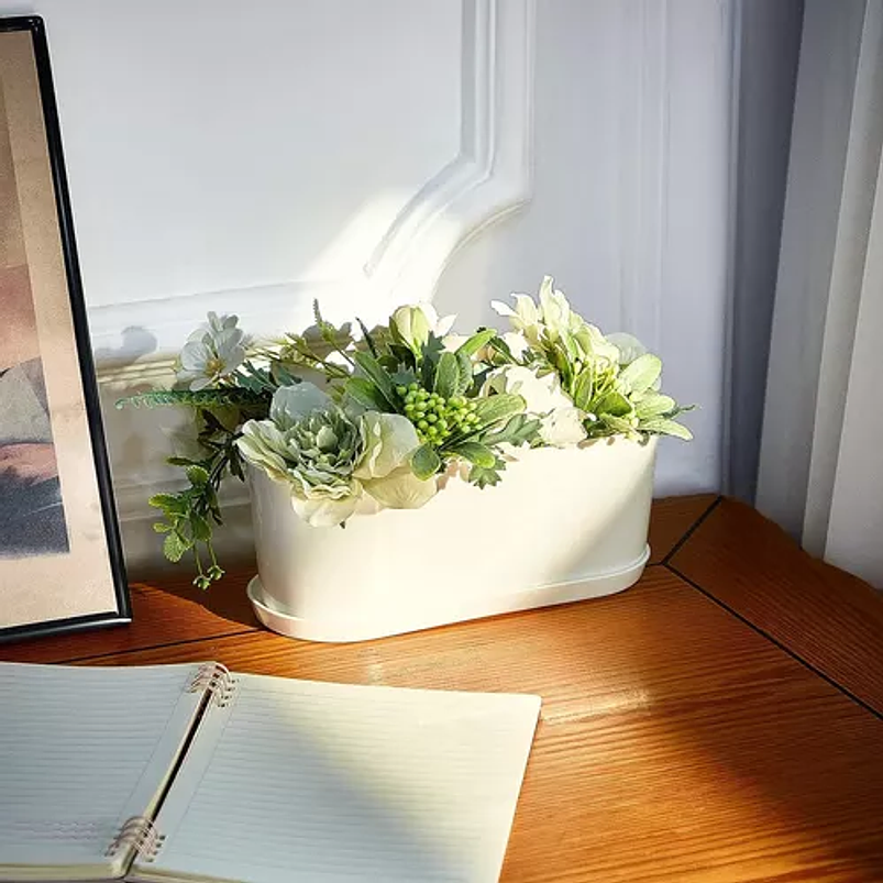 Maceta De Plantas Ovalada más plato Blanca Abs Cactus Suculenta 5