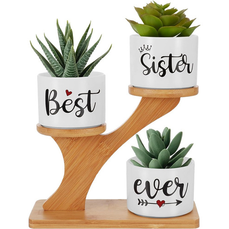 Soporte en Bambu más macetas Cerámica de Plantas x3 Piezas Hermana 1