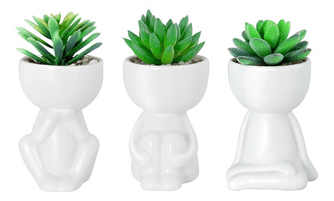 Juego Macetas X3 Pz Cerámica Diseño Humanos Cactus Suculenta