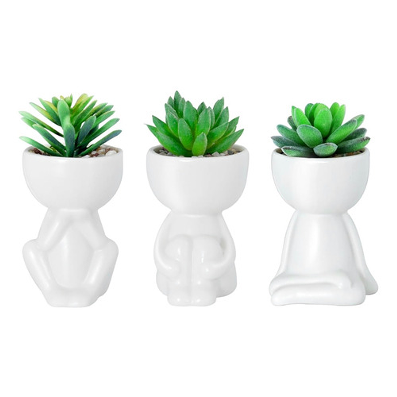 Juego Macetas X3 Pz Cerámica Diseño Humanos Cactus Suculenta 1