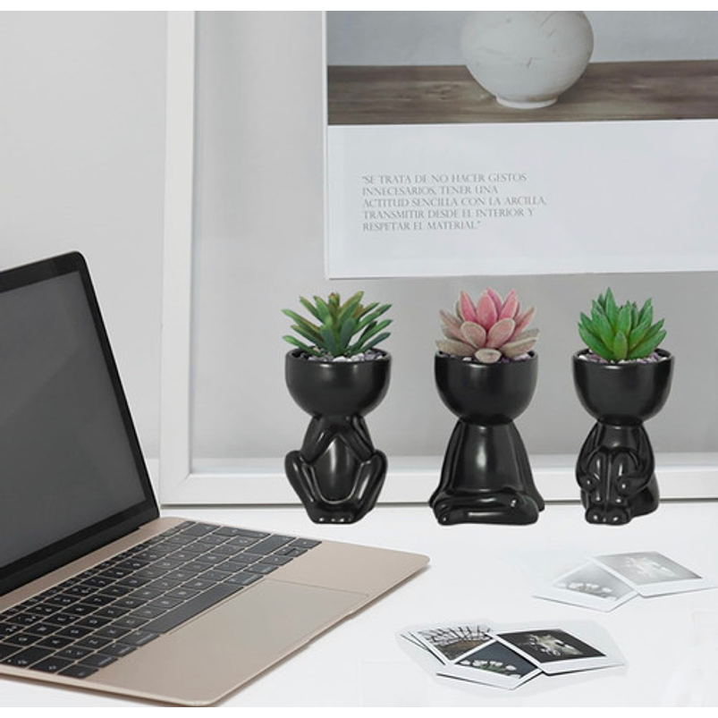 Juego Macetas X3 Pz Cerámica Diseño Humanos Cactus Suculenta 8