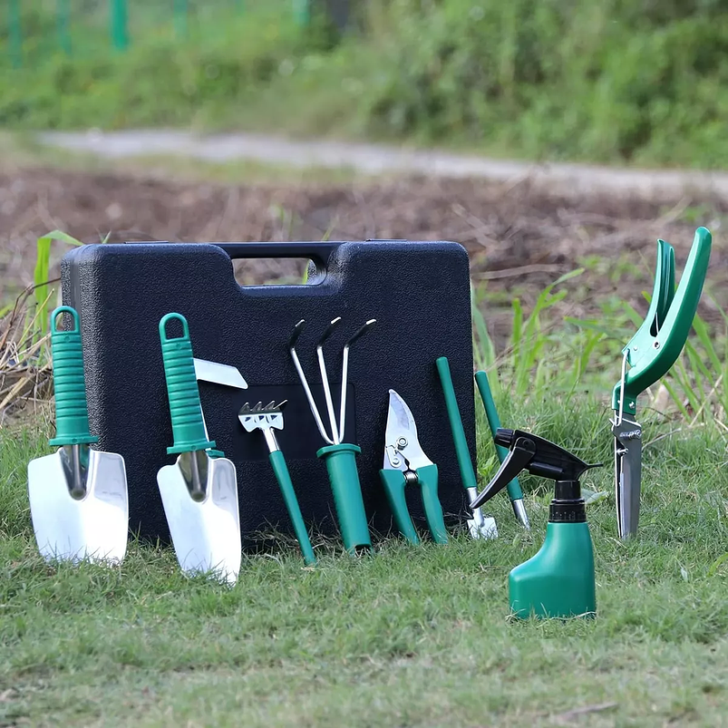 Kit Herramientas Jardinería Plantas x10 Piezas En Acero Más estuche 11