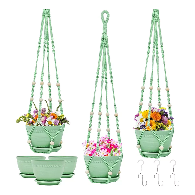 Macetas Plástica Plantas x3 Unidades más macramé Soporte Colgante 1