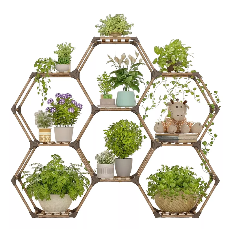 Soporte Decorativo Estante Para Plantas Hexagono en Madera 1