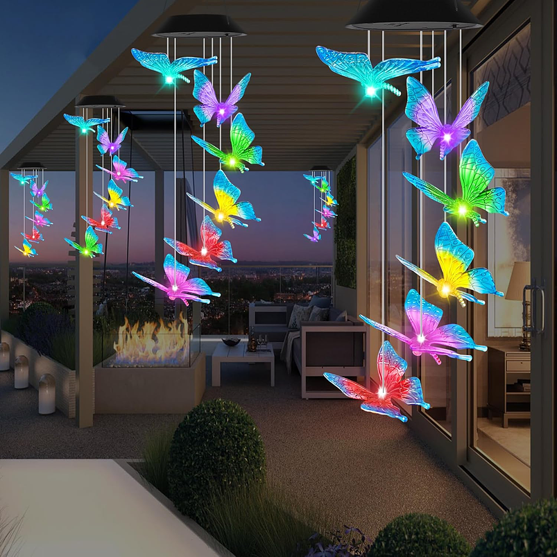 Campana De Viento Jardín Luces Led X6 Carga Solar Mariposas 4