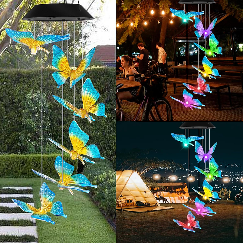 Campana De Viento Jardín Luces Led X6 Carga Solar Mariposas 5
