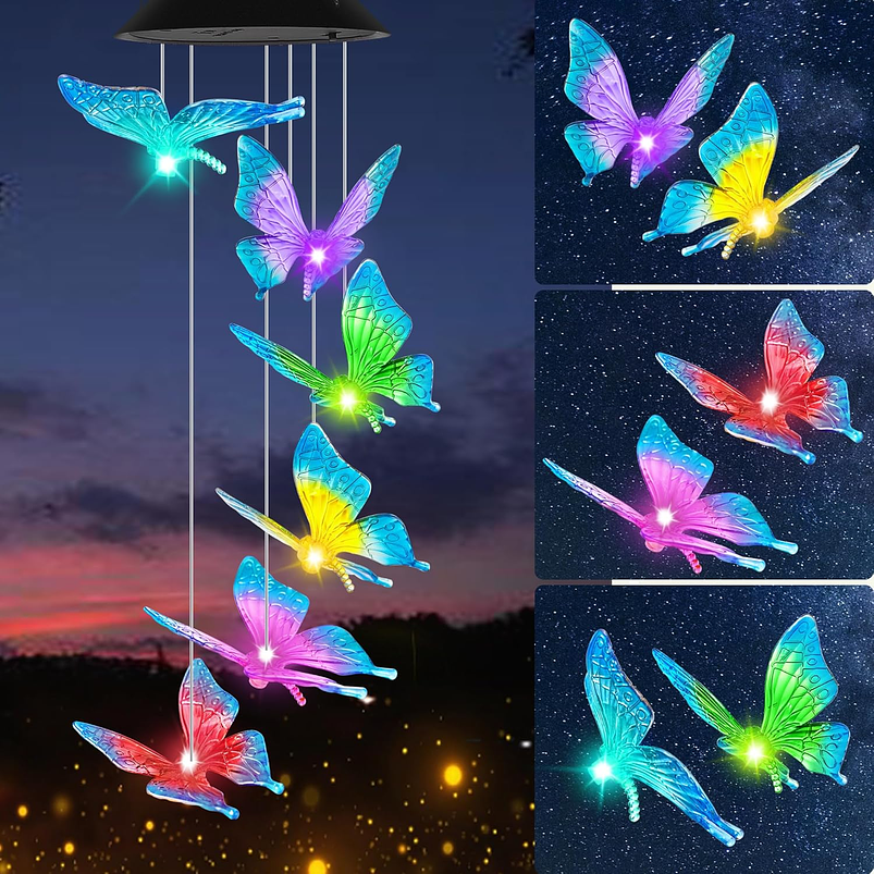 Campana De Viento Jardín Luces Led X6 Carga Solar Mariposas 2