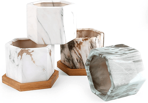 Juego Macetas En Cerámica x4 Unidades Más Plato En Bambú 