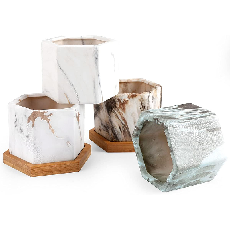 Juego Macetas En Cerámica x4 Unidades Más Plato En Bambú  2