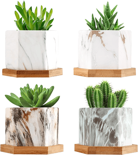 Juego Macetas En Cerámica x4 Unidades Más Plato En Bambú 