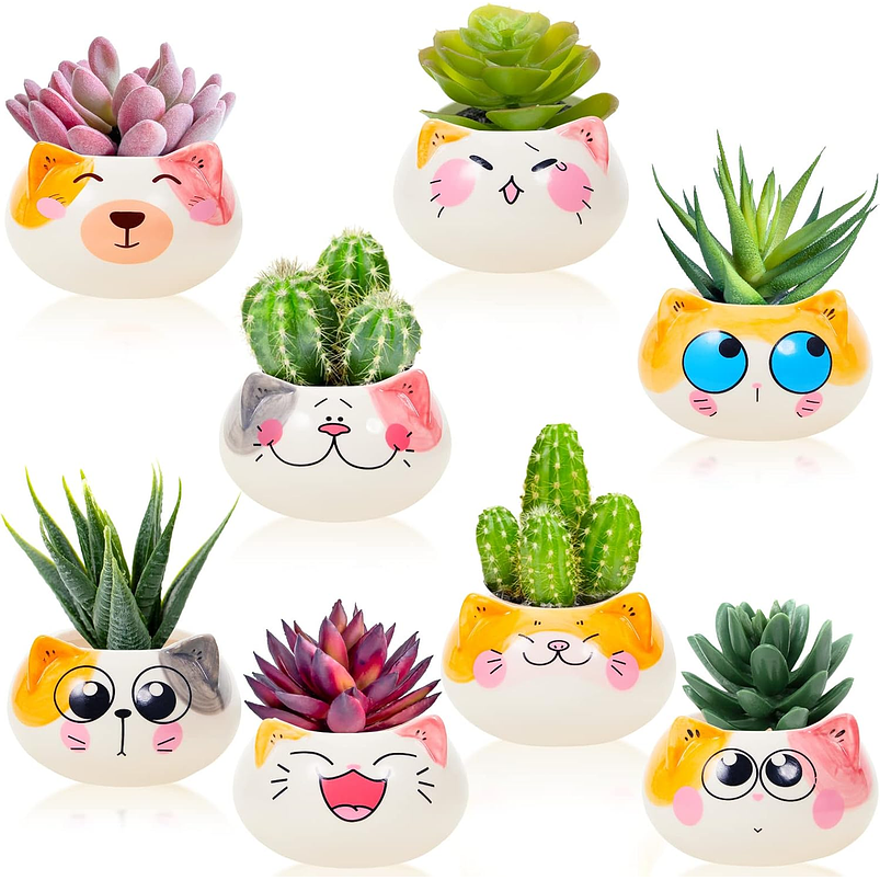 Juego Macetas x8 Unidades Cerámica Diseño Gatos 1