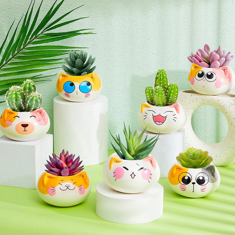Juego Macetas x8 Unidades Cerámica Diseño Gatos 6