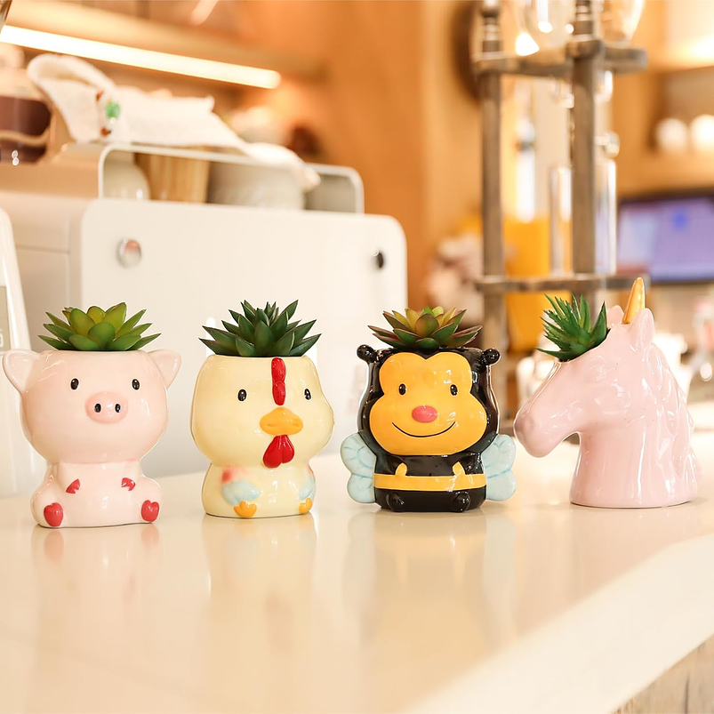 Juego Macetas Cerámica Suculentas Diseño Animalitos x4 Piezas 6