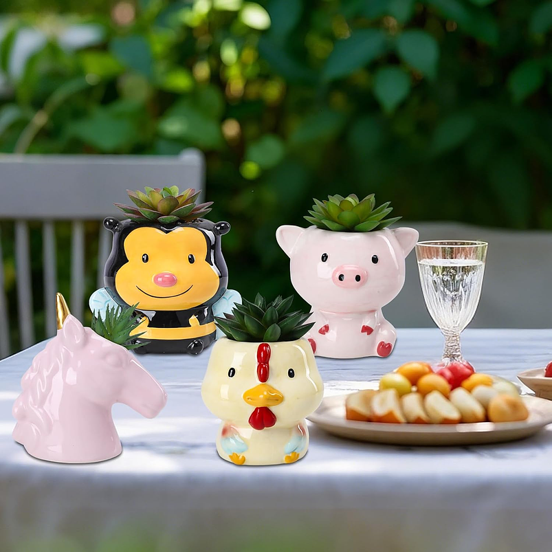 Juego Macetas Cerámica Suculentas Diseño Animalitos x4 Piezas 4