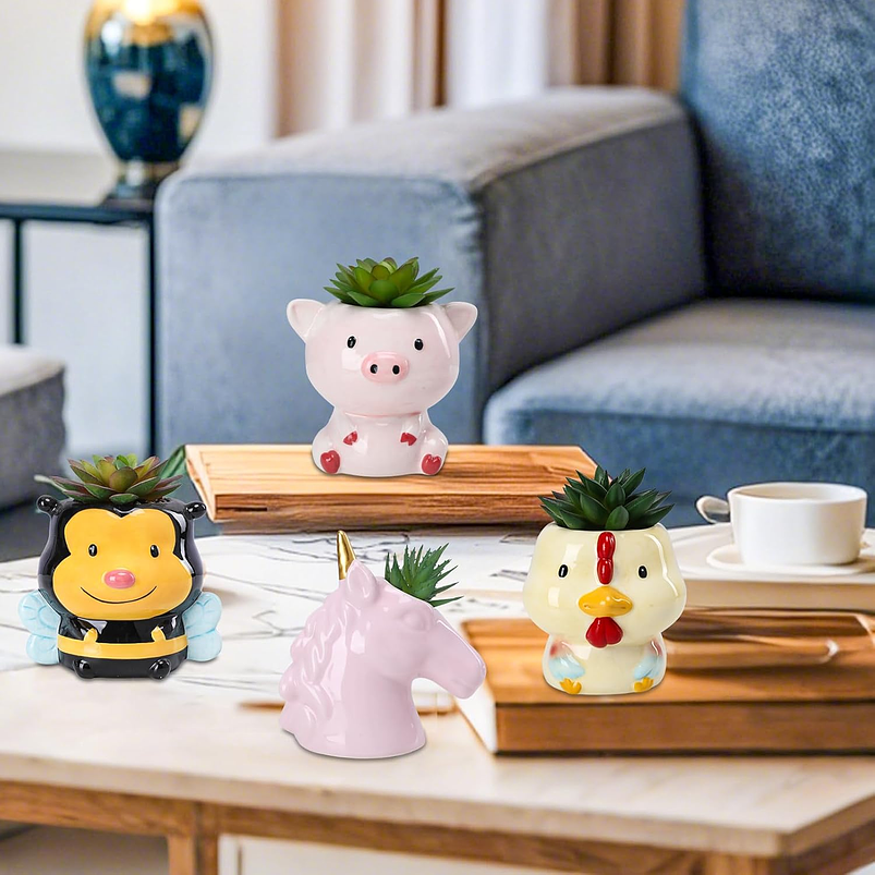 Juego Macetas Cerámica Suculentas Diseño Animalitos x4 Piezas 2