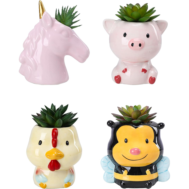 Juego Macetas Cerámica Suculentas Diseño Animalitos x4 Piezas 1