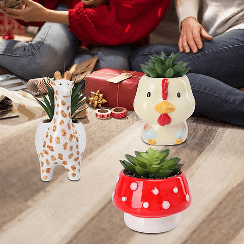 Set Macetas en Cerámica diseños Animales x 3 Piezas ideal para Cactus Suculentas