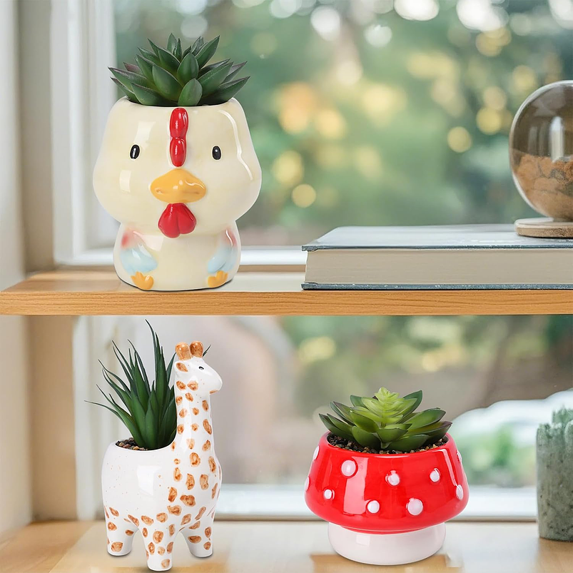 Set Macetas en Cerámica diseños Animales x 3 Piezas ideal para Cactus Suculentas 7