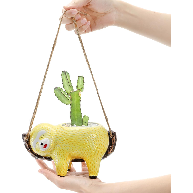 Juego Macetas Cerámica Colgantes Diseño Animalitos Perezosos x2 Unidades 4