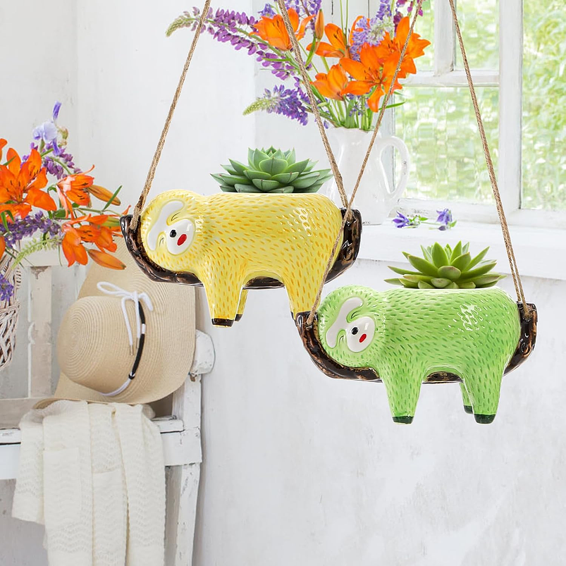 Juego Macetas Cerámica Colgantes Diseño Animalitos Perezosos x2 Unidades 2