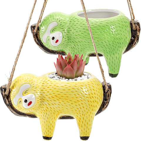 Juego Macetas Cerámica Colgantes Diseño Animalitos Perezosos x2 Unidades