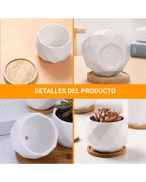 Maceta Cerámica 6cm Diam x 6cm Alto más plato En Bambu Premium Rombos Blanco