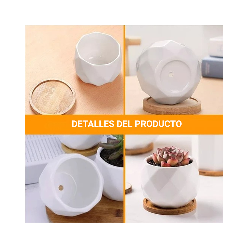 Maceta Cerámica 6cm Diam x 6cm Alto más plato En Bambu Premium Rombos Blanco 2