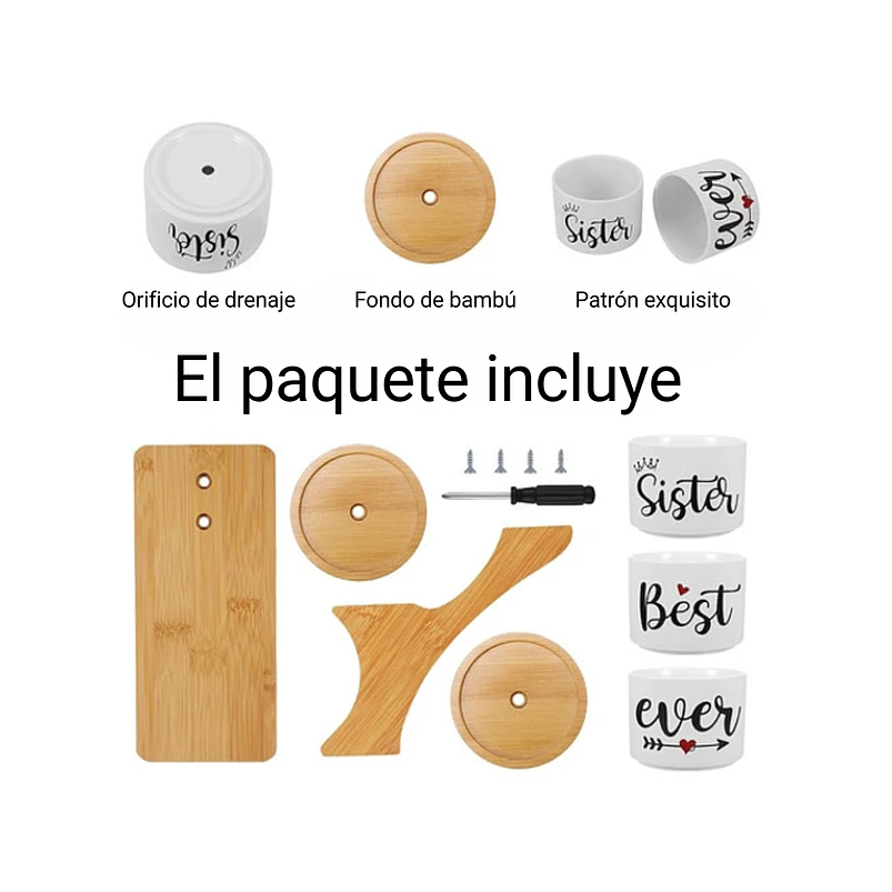 Soporte en Bambu más macetas Cerámica de Plantas x3 Piezas Hermana 3