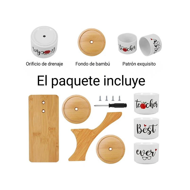 Soporte en Bambu más macetas Cerámica de Plantas x3 Piezas Profesor 3