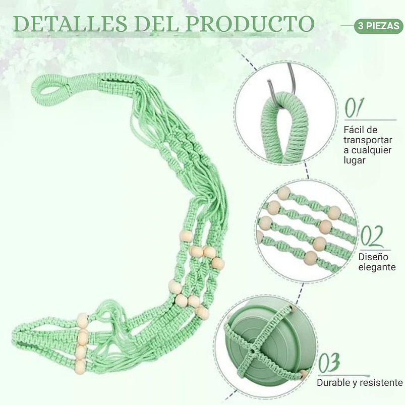 Macetas Plástica Plantas x3 Unidades más macramé Soporte Colgante 5