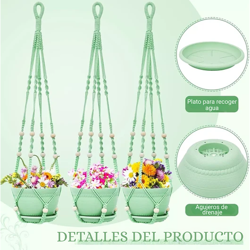 Macetas Plástica Plantas x3 Unidades más macramé Soporte Colgante 4