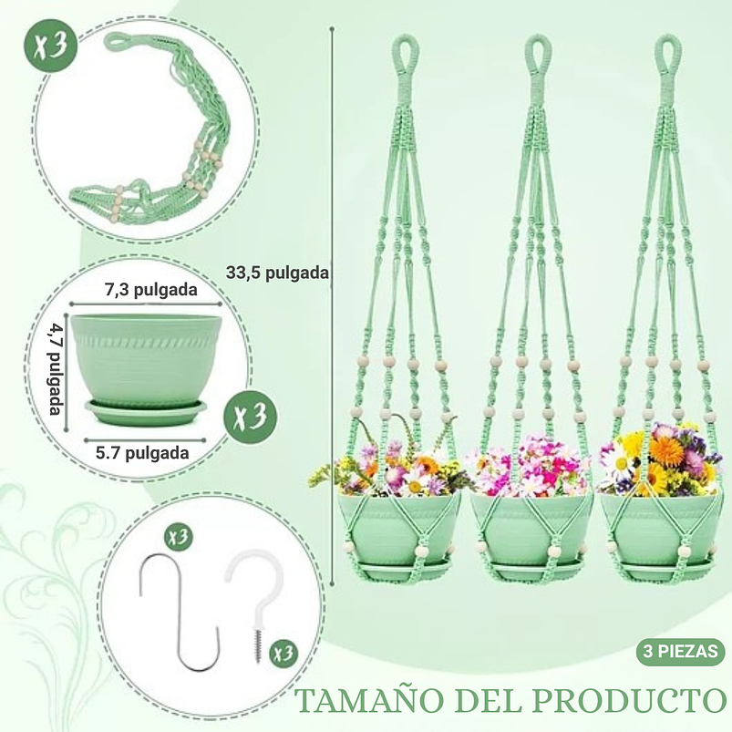 Macetas Plástica Plantas x3 Unidades más macramé Soporte Colgante 6