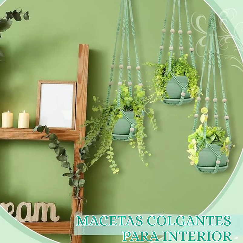Macetas Plástica Plantas x3 Unidades más macramé Soporte Colgante 3
