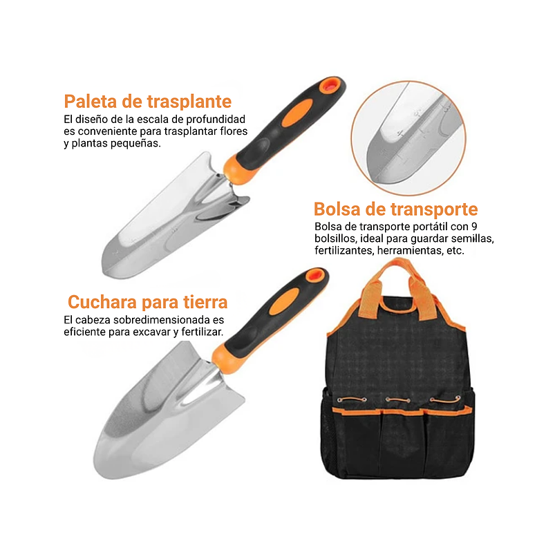 Kit Herramientas de Jardinería Plantas x8 Piezas Acero más bolso 3