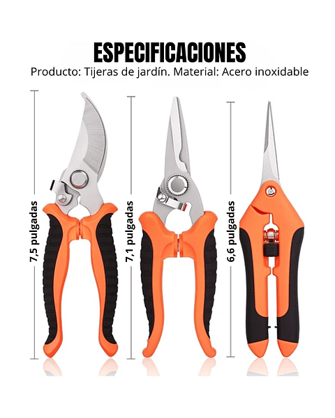 Tijeras De Poda Jardinería En Acero Inoxidable x3 Unidades (3 Tipos de corte)