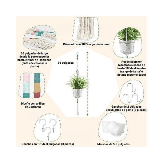 Juego Macetas Plástica x3 Unidades más 3 Macramé Colgar 91cm Largo 4