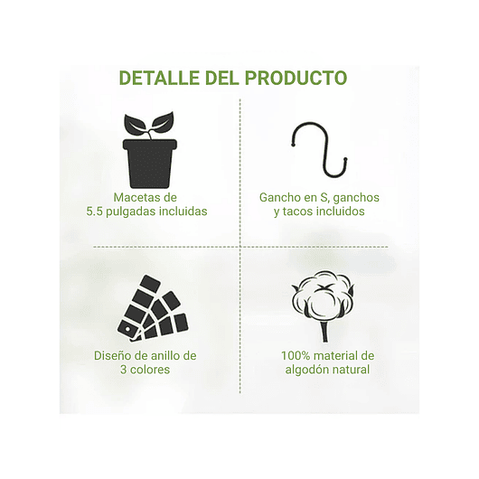 Juego Macetas Plástica x3 Unidades más 3 Macramé Colgar 91cm Largo 6
