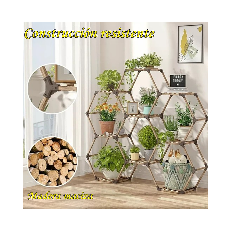 Soporte Decorativo Estante Para Plantas Hexagono en Madera 2
