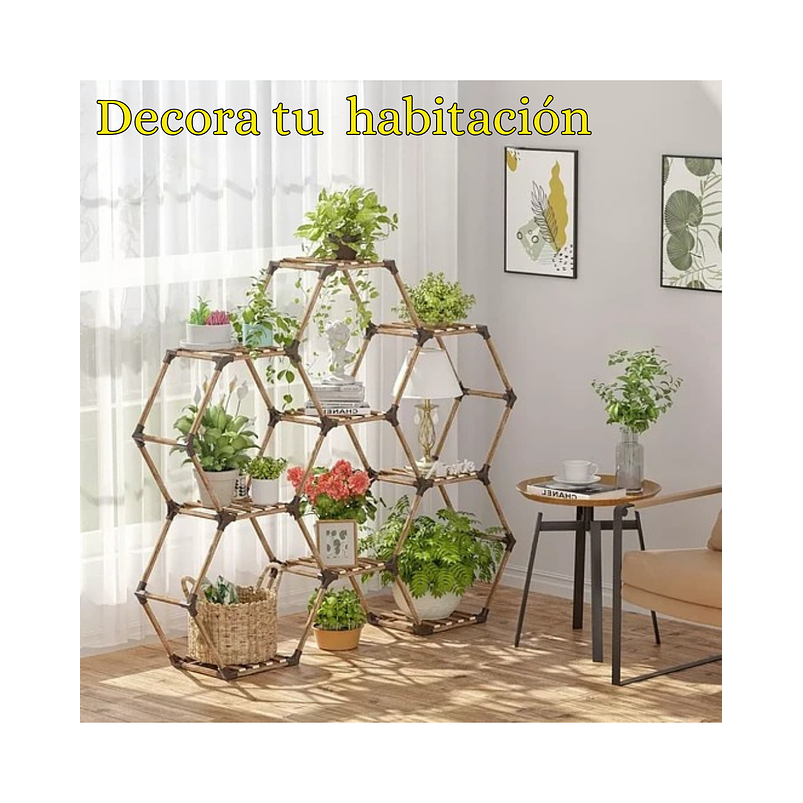 Soporte Decorativo Estante Para Plantas Hexagono en Madera 3