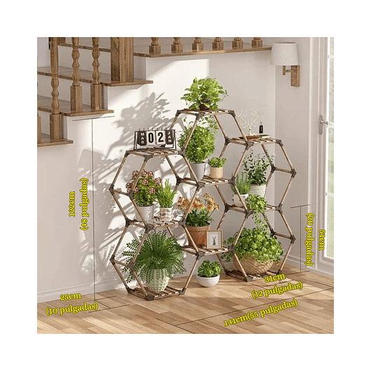 Soporte Decorativo Estante Para Plantas Hexagono en Madera 5