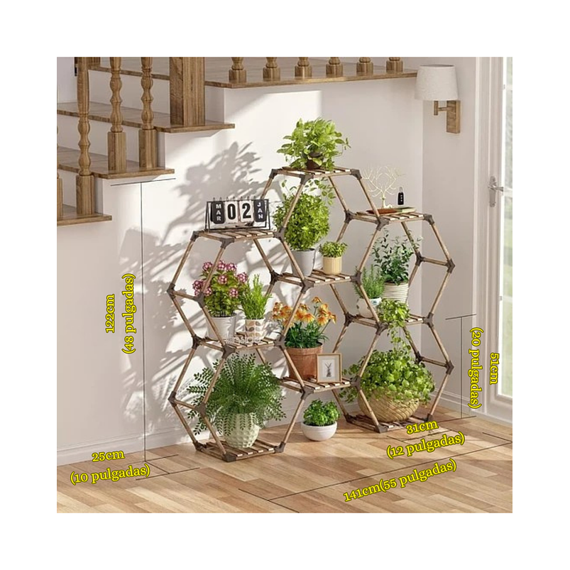 Soporte Decorativo Estante Para Plantas Hexagono en Madera 5