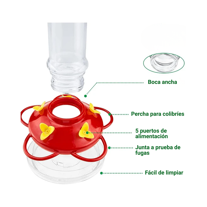 Bebedero De Colibries Cilindrico Colgar 10oz Vidrio 5 Flores 5