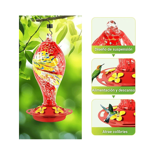 Colibries Bebedero Aves Colgante 36oz En Vidrio Soplado 4