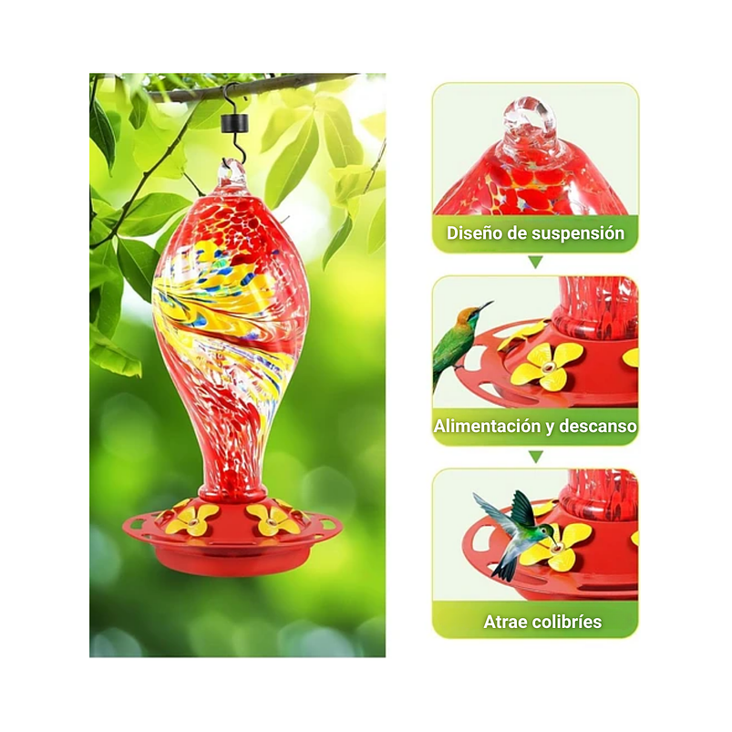 Colibries Bebedero Aves Colgante 36oz En Vidrio Soplado 4