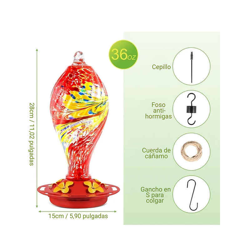 Colibries Bebedero Aves Colgante 36oz En Vidrio Soplado 6